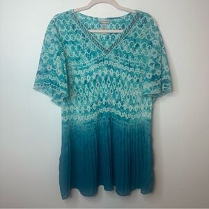 Catherines Women’s Size 1X 18/20W Blouse Blue Green Aqua White Beaded V Neck